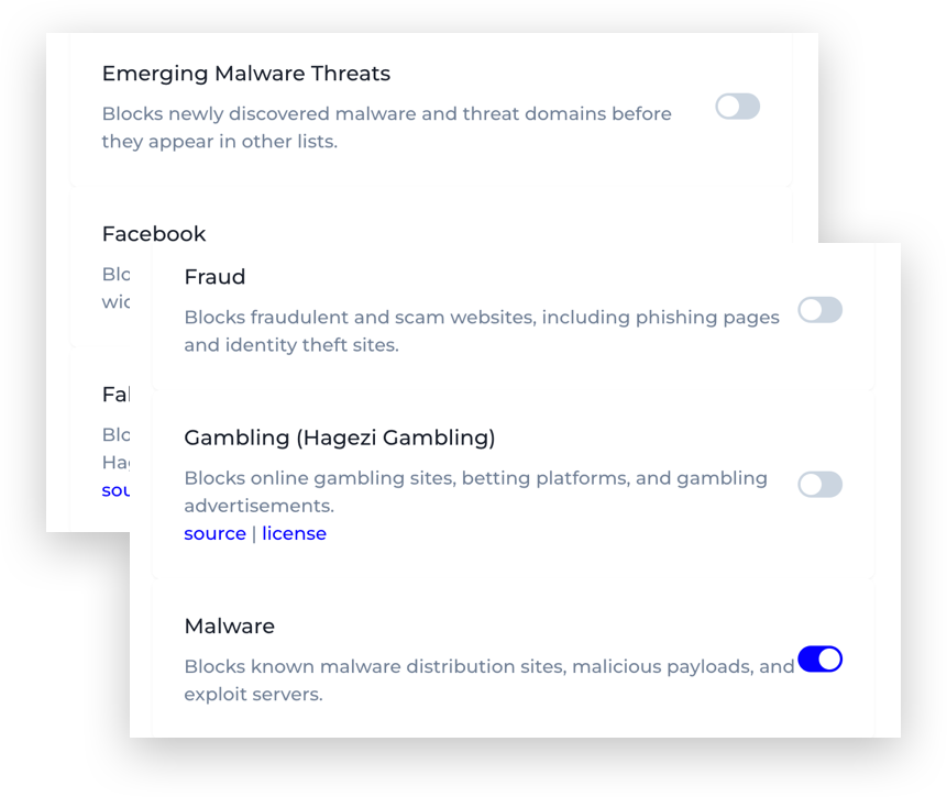 Screenshot of content filter blocklists